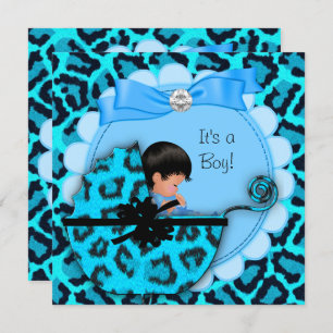 Invitation Baby shower Bébé mignonne Garçon Bleu Leopard Pram