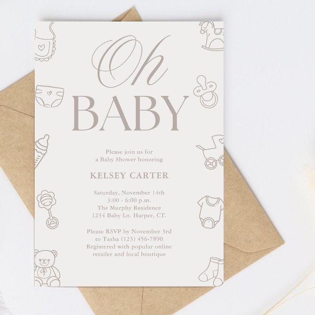 Invitation Baby-Shower Bébé Mixte Dessiné à la Main Beige (Créateur téléchargé)