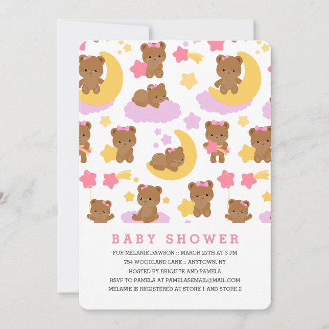 Invitation Baby shower bébé moderne fille petit ours (Devant)