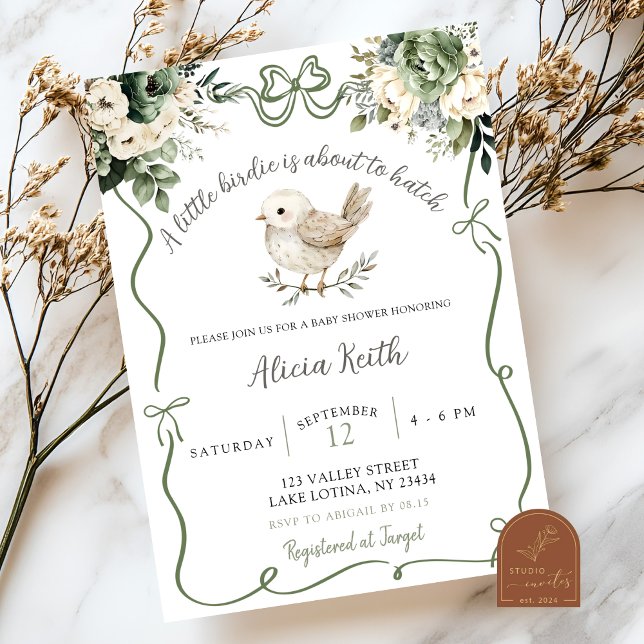 Invitation Baby Shower Bébé Oiseau Vert Sauge (Créateur téléchargé)