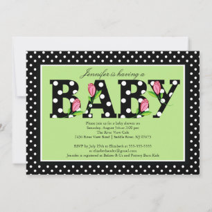 Invitation Baby shower "bébé" Polka vert noir