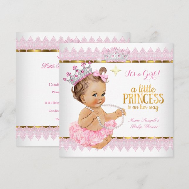 Invitation Baby Shower Bébé Princesse Rose Or Brunette (Devant / Derrière)