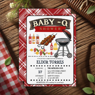 Invitation Baby shower bébé-Q À damiers Red & Black Grill