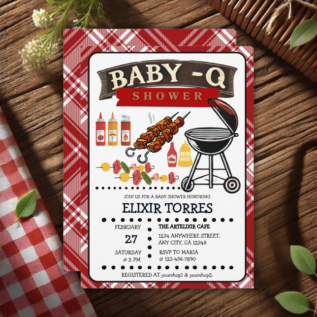 Invitation Baby shower bébé-Q À damiers Red & Black Grill (Créateur téléchargé)