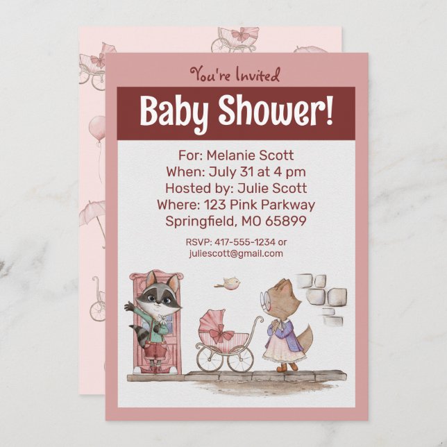Invitation Baby shower Bébé rose mignon Buggy (Devant / Derrière)
