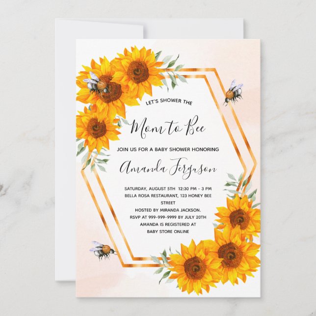 Invitation Baby shower bebe tournesol rose blanche or (Devant)