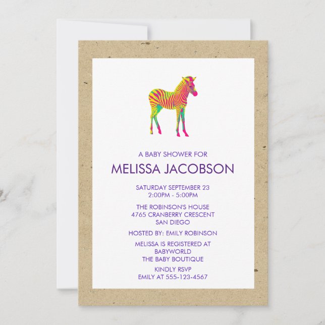Invitation Baby Shower Bébé Zèbre Couleurs Néon (Devant)