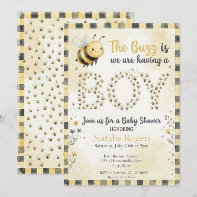 Invitation Baby Shower Bee Buzz Boy (Devant / Derrière)