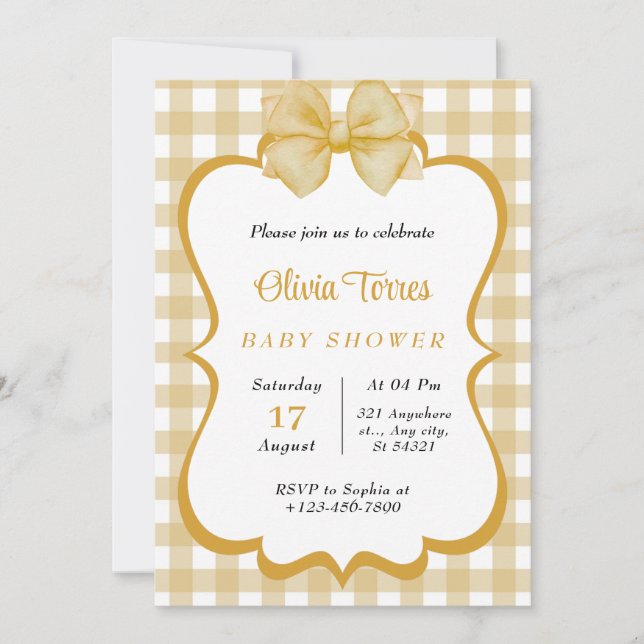 Invitation baby shower beige, blanc doré (Devant)
