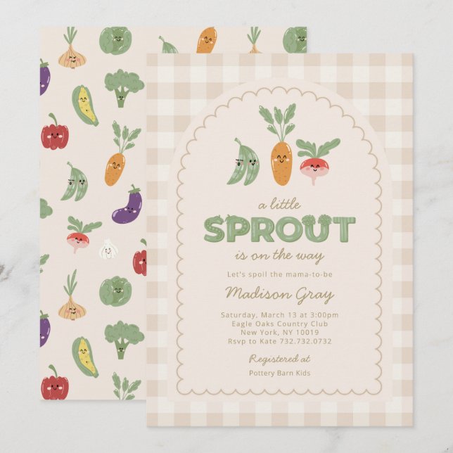 Invitation Baby shower Beige En vichy Little Sprout sur le ch (Devant / Derrière)