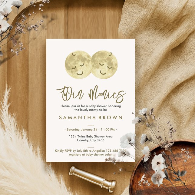Invitation Baby shower beige Lune Twins (Créateur téléchargé)
