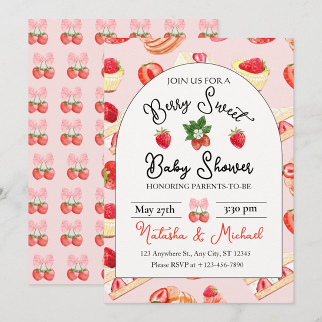 Invitation Baby shower Berry Sweet Strawberry (Devant / Derrière)