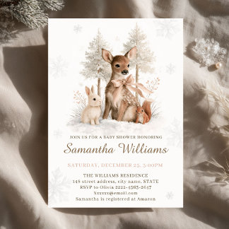 Invitation Baby Shower Biche de la Forêt d'Hiver Ruban Rose B