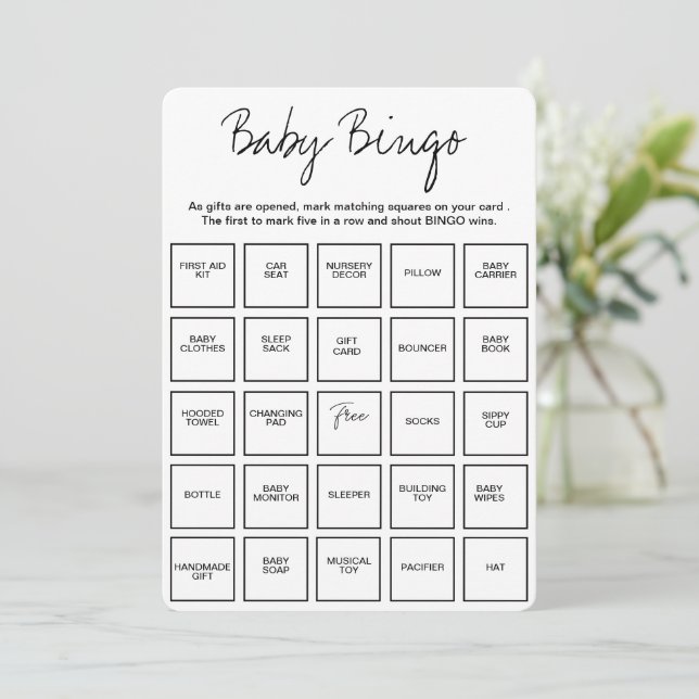 Invitation Baby Shower Bingo Cards, Unique Prefilled Baby Bin (Debout devant)