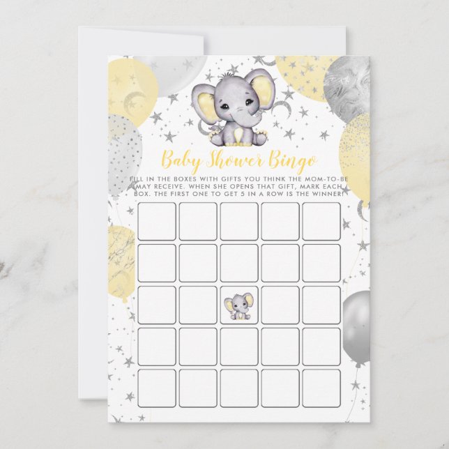 Invitation Baby shower Bingo Jaune Eléphant Jeu (Devant)