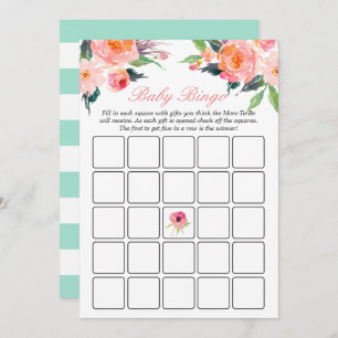 Invitation Baby shower Bingo Jeu Mint Green Stripes Floral