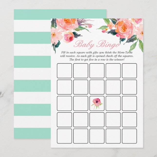 Invitation Baby shower Bingo Jeu Mint Green Stripes Floral (Devant / Derrière)