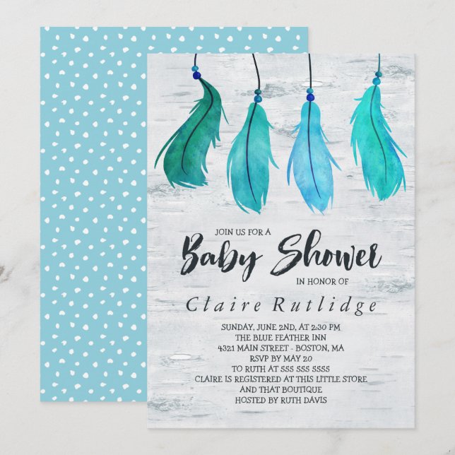 Invitation Baby shower Birch & Blue Feathers (Devant / Derrière)