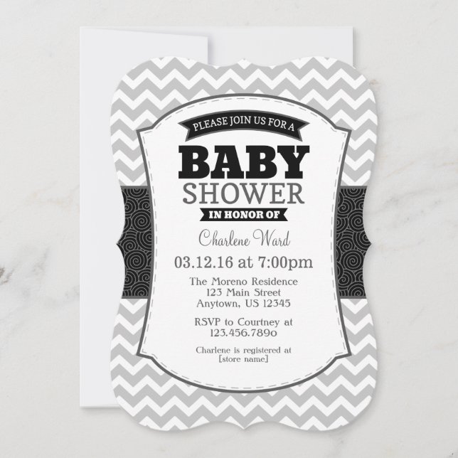 Invitation Baby shower Black Grey Chevron (Devant)