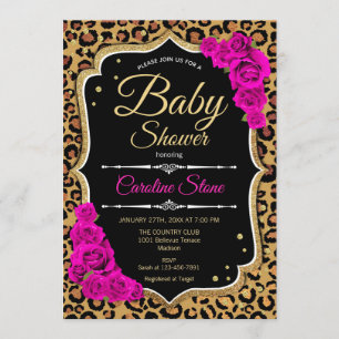 Invitation Baby shower - Black Pink Gold Empreinte de léopard