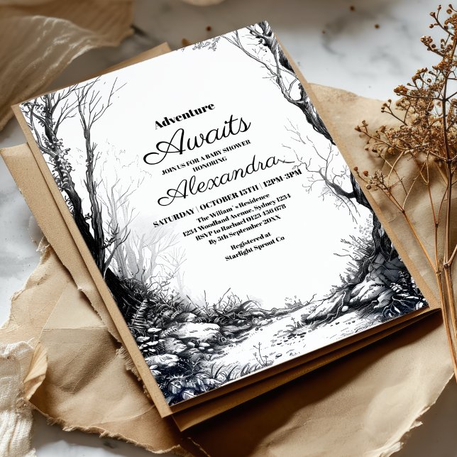 Invitation Baby shower Black White Adventure Mountain (Créateur téléchargé)