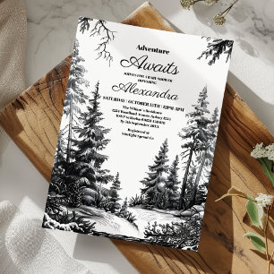 Invitation Baby shower Black White Adventure Mountain