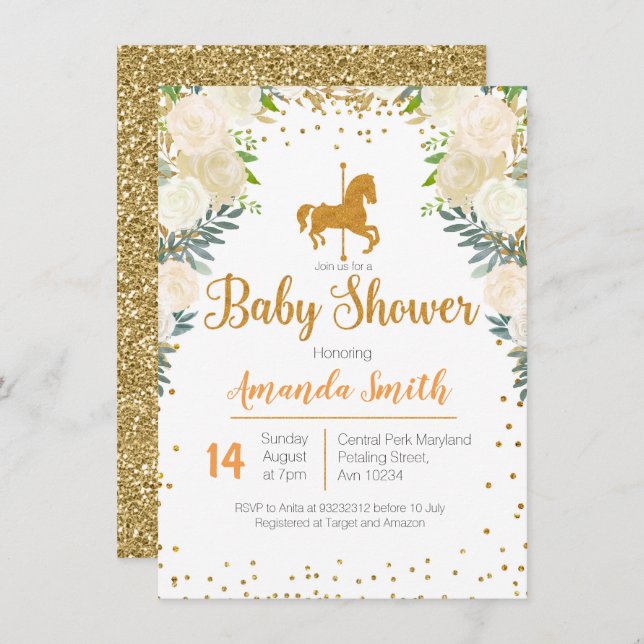 Invitation Baby shower blanc Carousel Gold (Devant / Derrière)