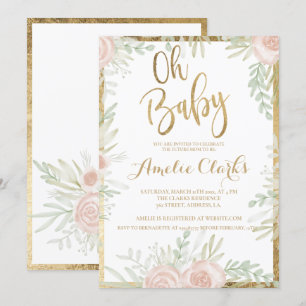 Invitation Baby shower blanc chic à la bordure or floral rose
