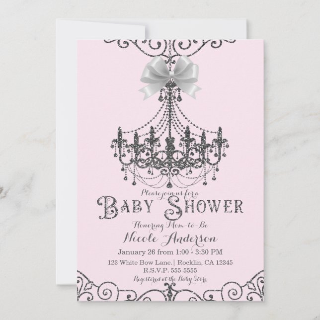Invitation Baby shower blanc clair rose et argenté (Devant)