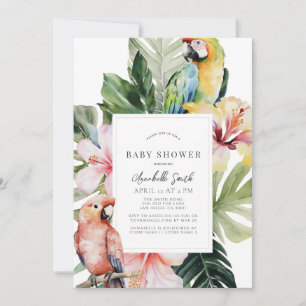 Invitation Baby shower blanc de perroquet végétal tropical