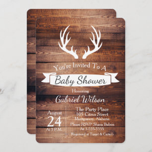 Invitation Baby shower blanc de ruban d'andouillers en bois