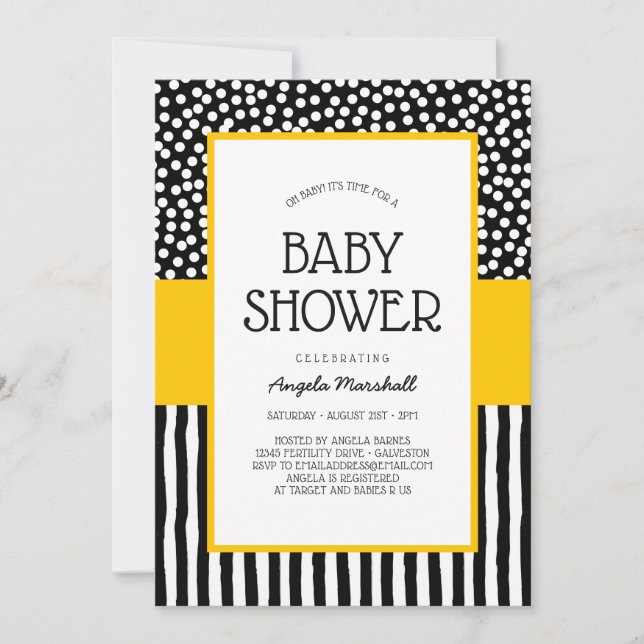 Invitation Baby shower blanc et jaune noir lunatique (Devant)