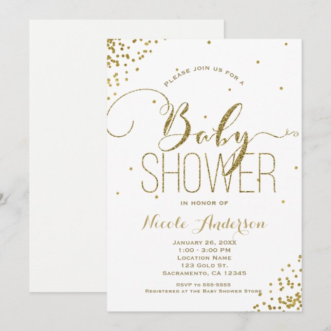 Invitation Baby-Shower Blanc et Or Pailletté avec Coins (Devant / Derrière)