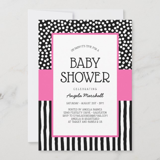Invitation Baby shower blanc et rose noir lunatique (Devant)
