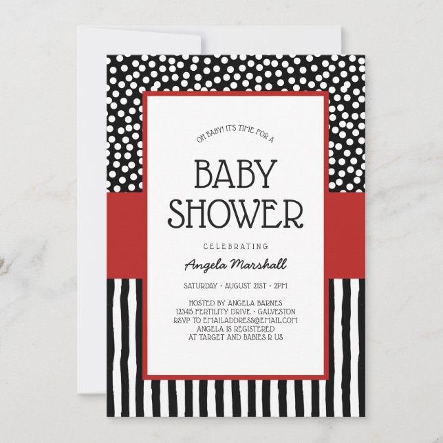 Invitation Baby shower blanc et rouge noir lunatique (Devant)