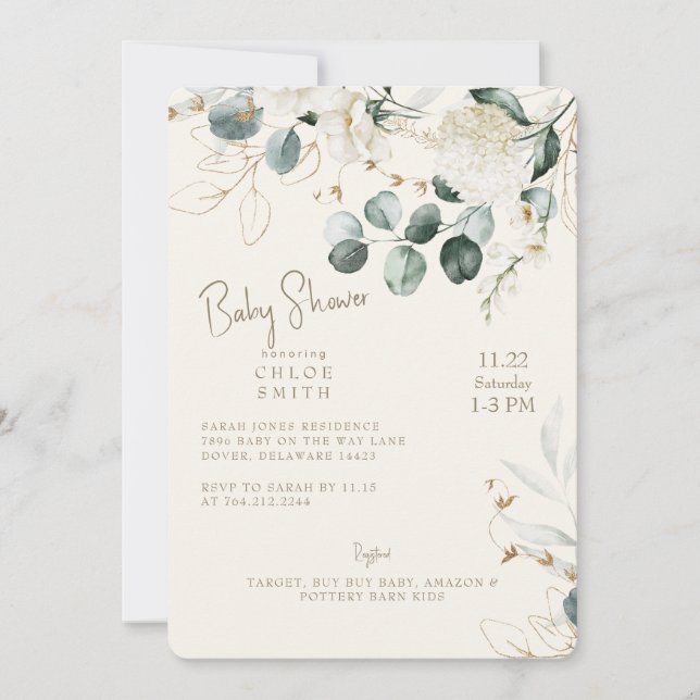 Invitation Baby shower blanc Hydrangea Eucalyptus Cream (Devant)
