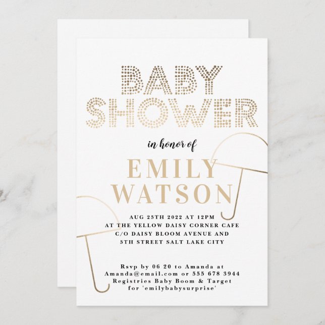 Invitation Baby shower blanc parapluie Gold Foil (Devant / Derrière)