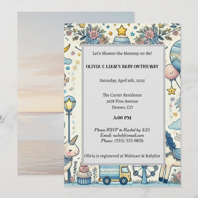 Invitation Baby shower blanc Pastel Blue (Devant / Derrière)