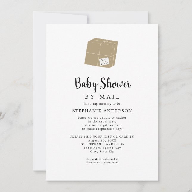 Invitation Baby shower blanc simple par courrier (Devant)