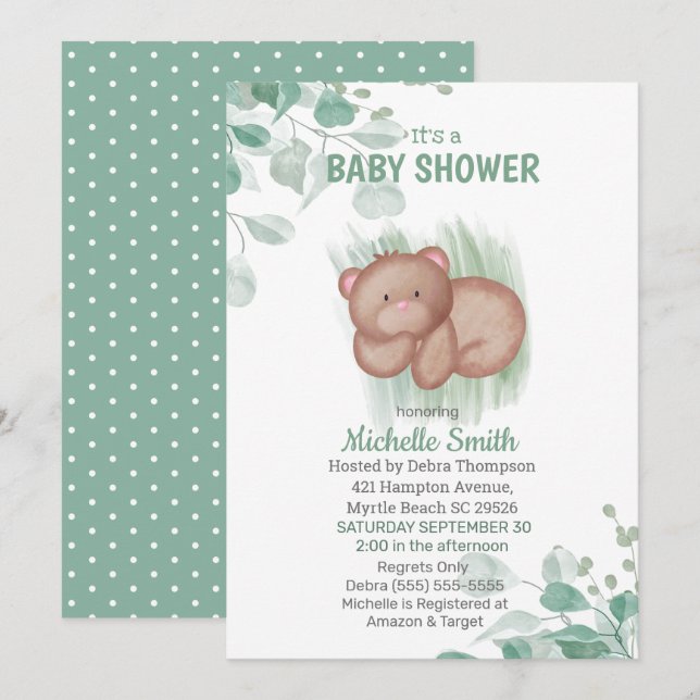 Invitation Baby shower blanc vert Ours (Devant / Derrière)