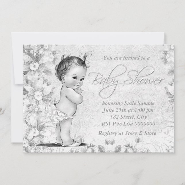 Invitation Baby shower blanc Vintage adorable (Devant)
