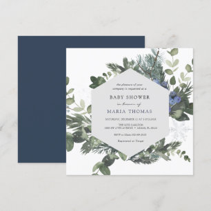 Invitation Baby shower bleu À feuillage persistant