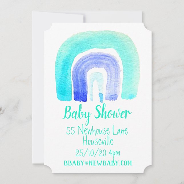 Invitation Baby shower bleu arc-en-ciel (Devant)