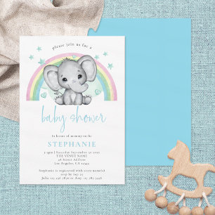 Invitation Baby shower bleu arc-en-ciel Eléphant mignon