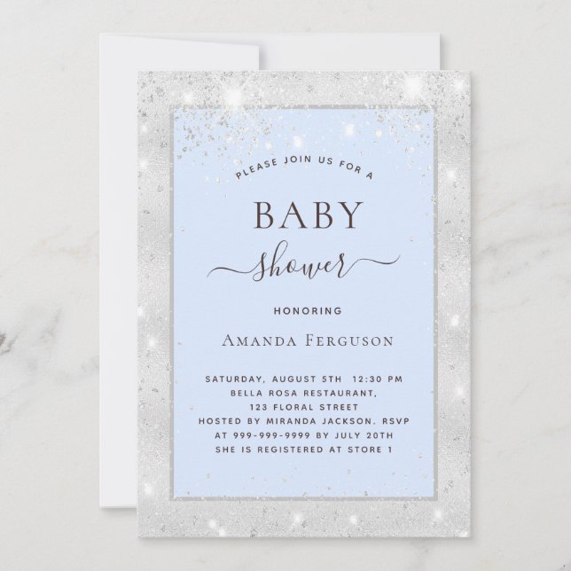 Invitation Baby shower bleu argent parties scintillant garçon (Devant)
