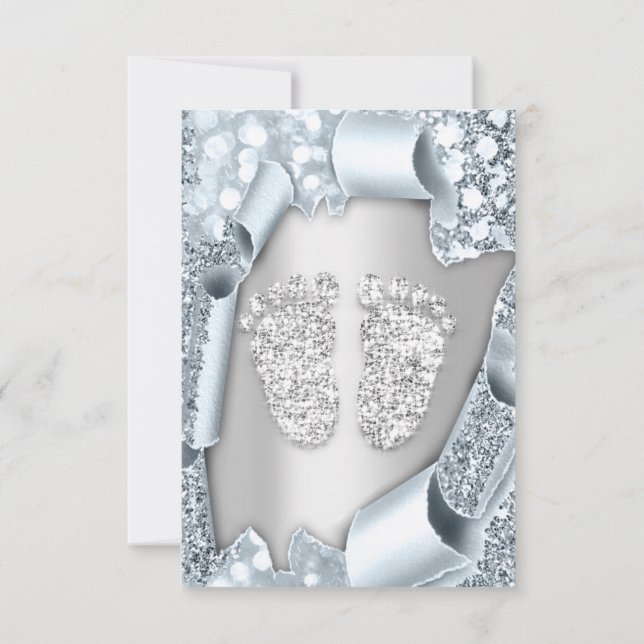 Invitation Baby shower bleu argent Pieds garçon fille 3d Effe (Dos)