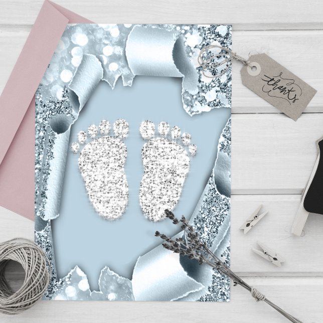 Invitation Baby shower bleu argent Pieds Parties scintillant  (Silver Blue Baby Shower Feet Boy Glitter Invitation)