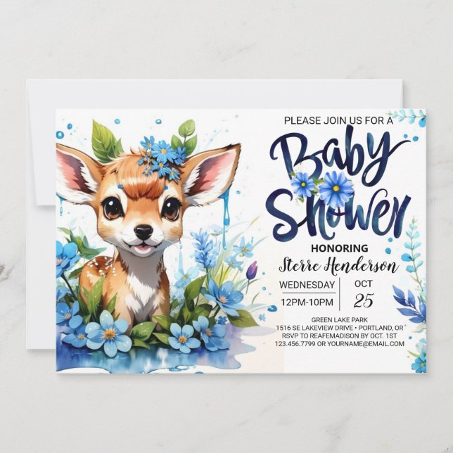 Invitation Baby shower bleu avec Woodland Adventure pour Garç (Devant)