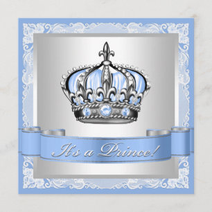 Invitation Baby shower Bleu Bébé et Prince Argent