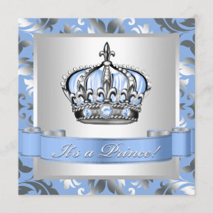 Invitation Baby shower Bleu Bébé et Prince Argent